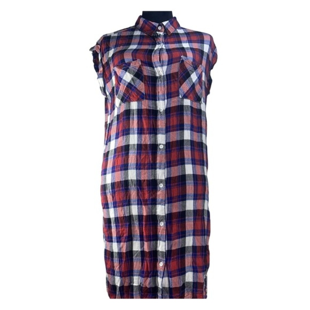 Kavu Womens Sleeveless Plaid Button Down Shirt Dress Red White Blue Size M‎